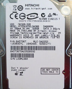 Hitachi 320GB HTS543232L9A300 5400RPM 3Gb/s 2.5" SATA Laptop Hard Drive